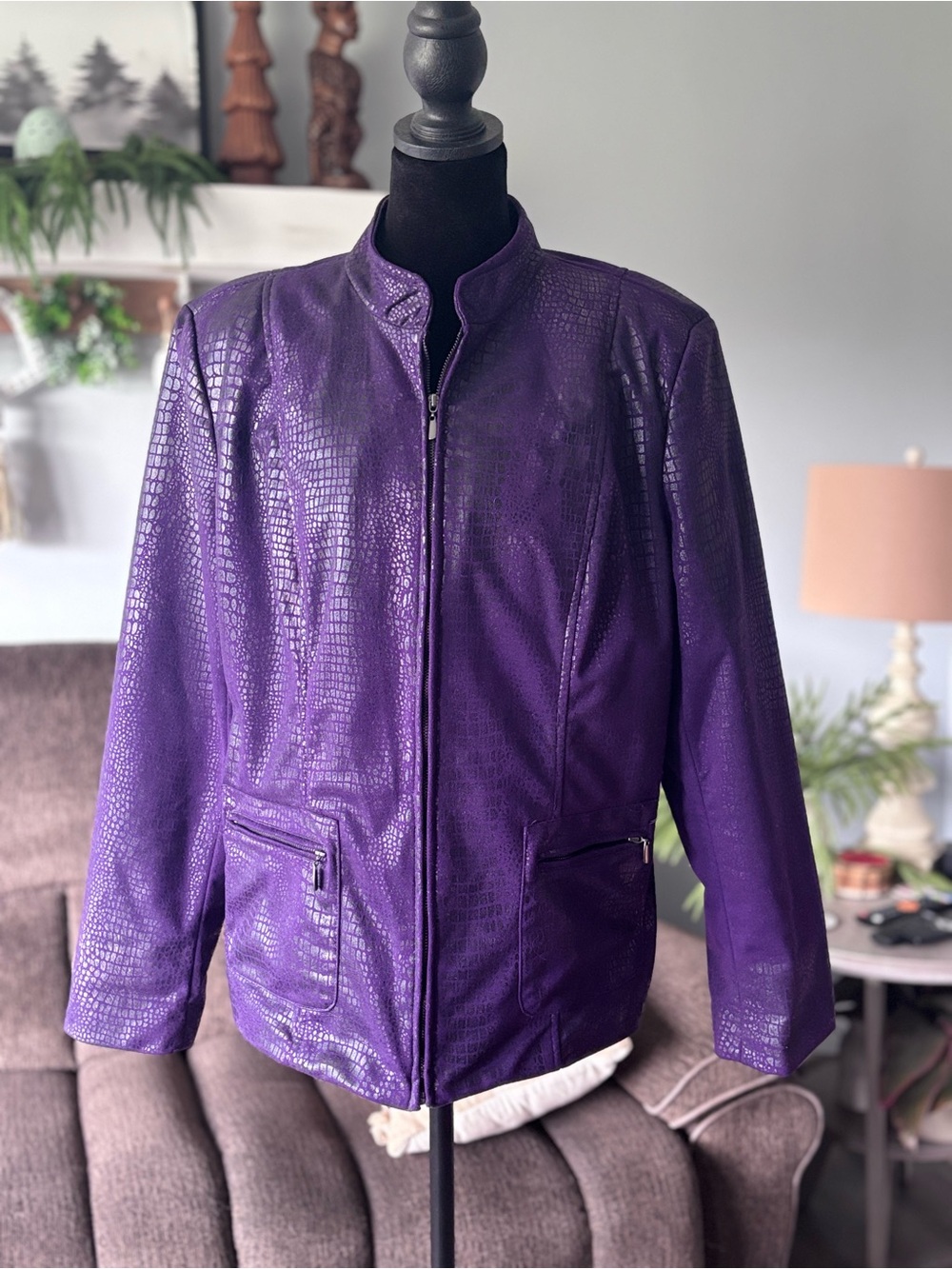 Elementz Purple Faux Leather Croc-Embossed Zip Jacket